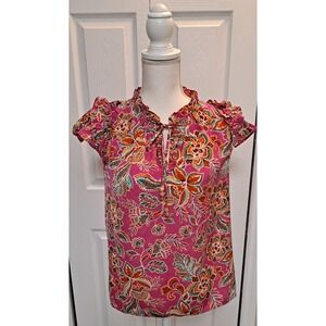 ROSE & OLIVE Women's M Top Flutter Sleeve, Bright Colors Tassle  Tie Blouse Pink